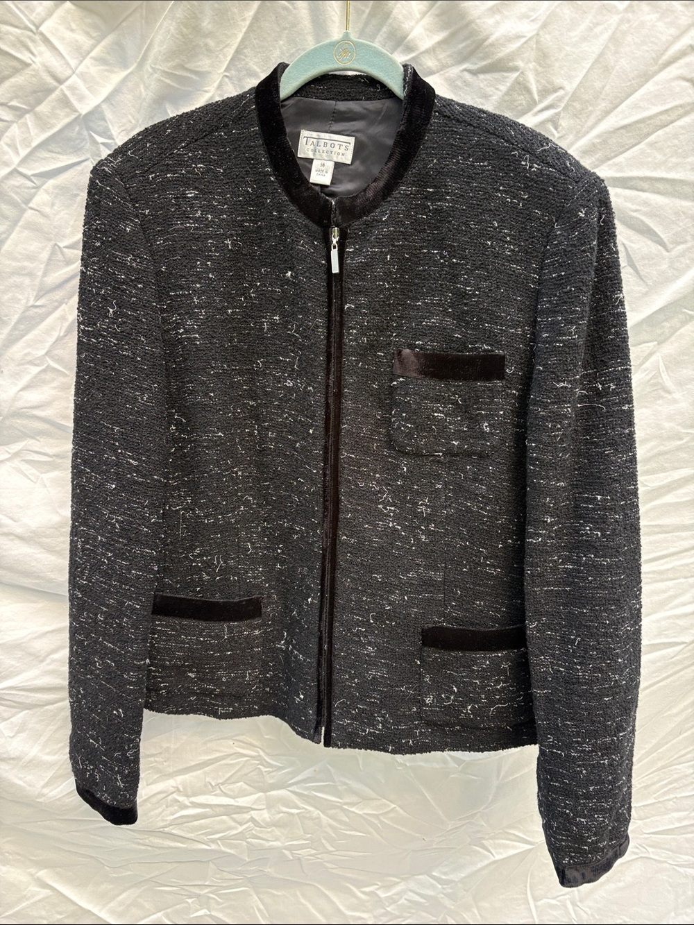 Talbots Black Flecked Tweed Zip Jacket with Velvet Trim